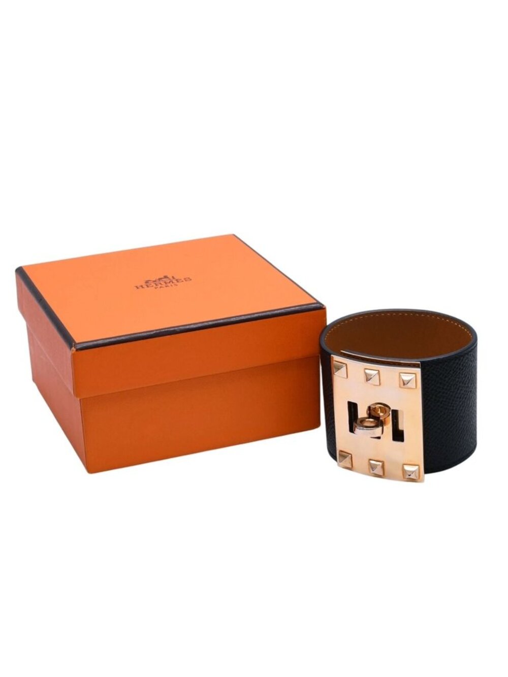 Hermes Kelly Dog Bangle Gold Leather Band Metal S Black Bracelet